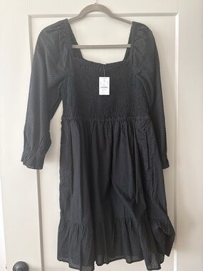 Black Smocked Bodice Dress with Ruffle Hem